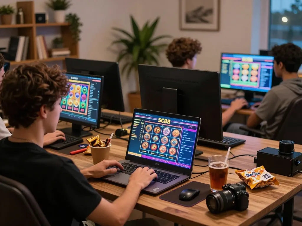 Player engaging with SC88 online casino gaming interface while enjoying a cozy home setup