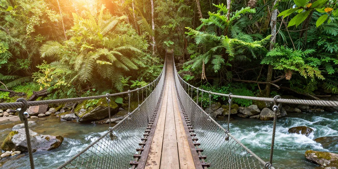 Adventurers on a River Rope Bridge surrounded by lush trees and a flowing river.