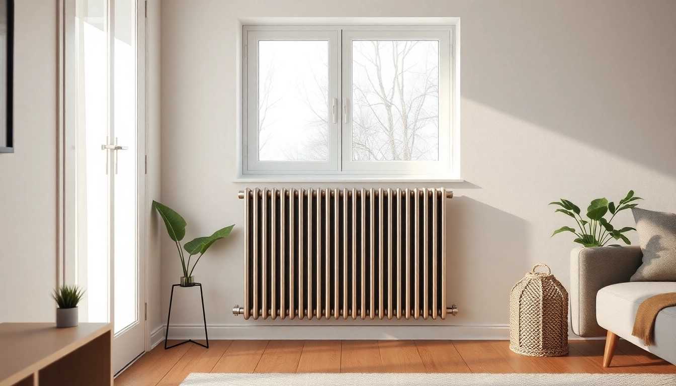 heizkörper elegant und modern in einem hellen Wohnraum mit Fenster und Pflanzen