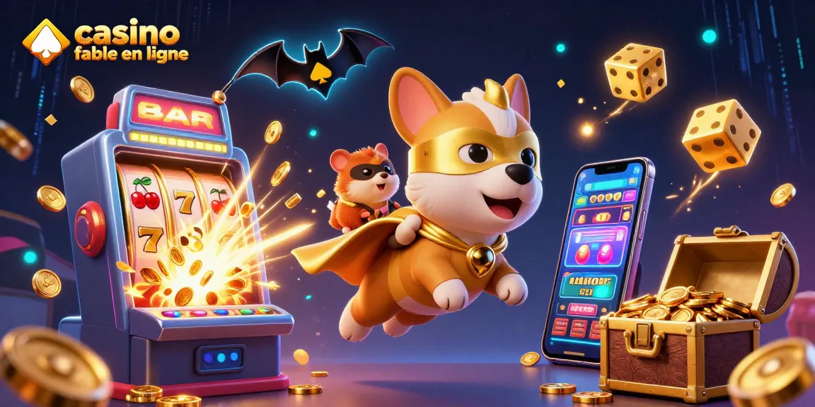 Découvrez une scène amusante et dynamique de casino fiable en ligne avec un super chien et une mascotte.