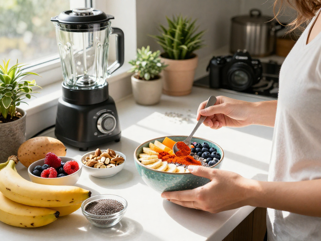 Natural astaxanthin smoothie bowl preparation in a bright kitchen.