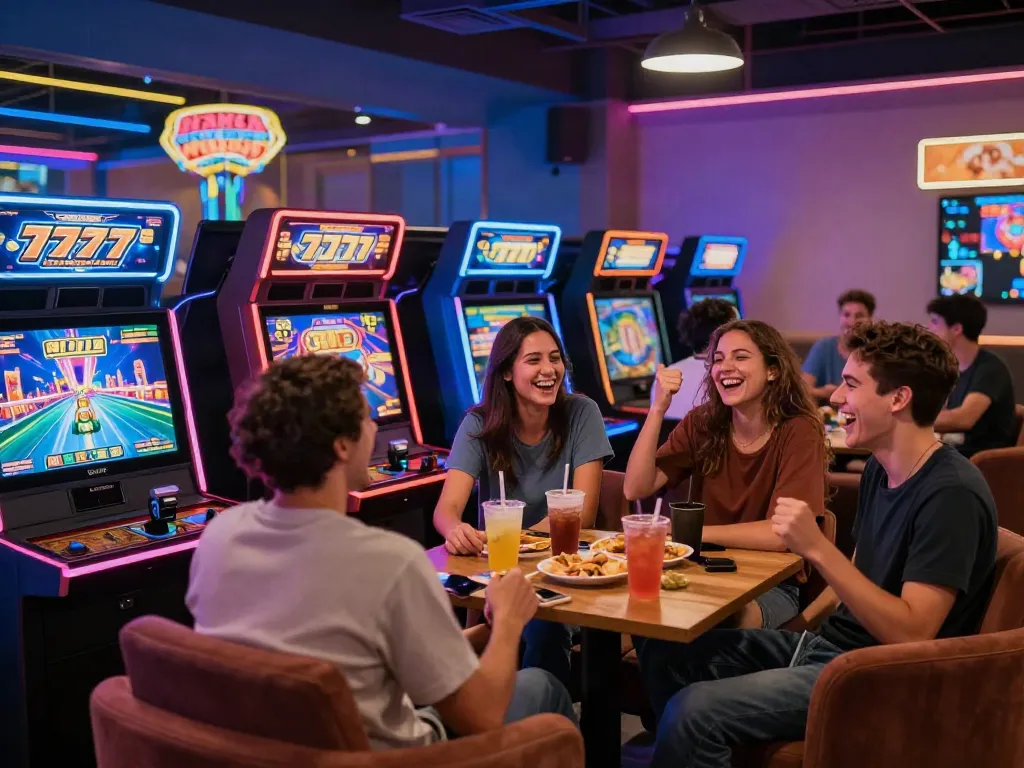 Suasana permainan slot777 yang seru di lounge modern dengan teman-teman yang menikmati momen bahagia.