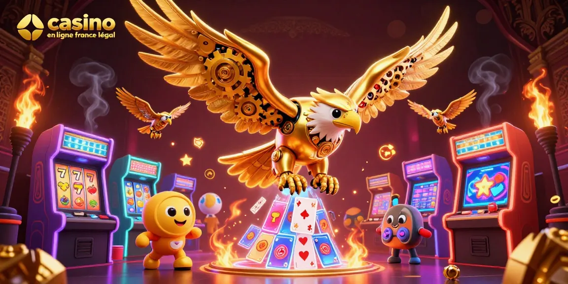 Jouez dans un casino en ligne France légal avec l'image dynamique d'un aigle cybernétique et des machines à sous colorées.