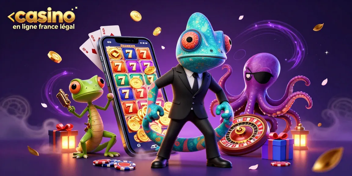 Une scène dynamique de casino en ligne légal en France avec un caméléon agent secret, un gecko ingénieur et un poulpe.