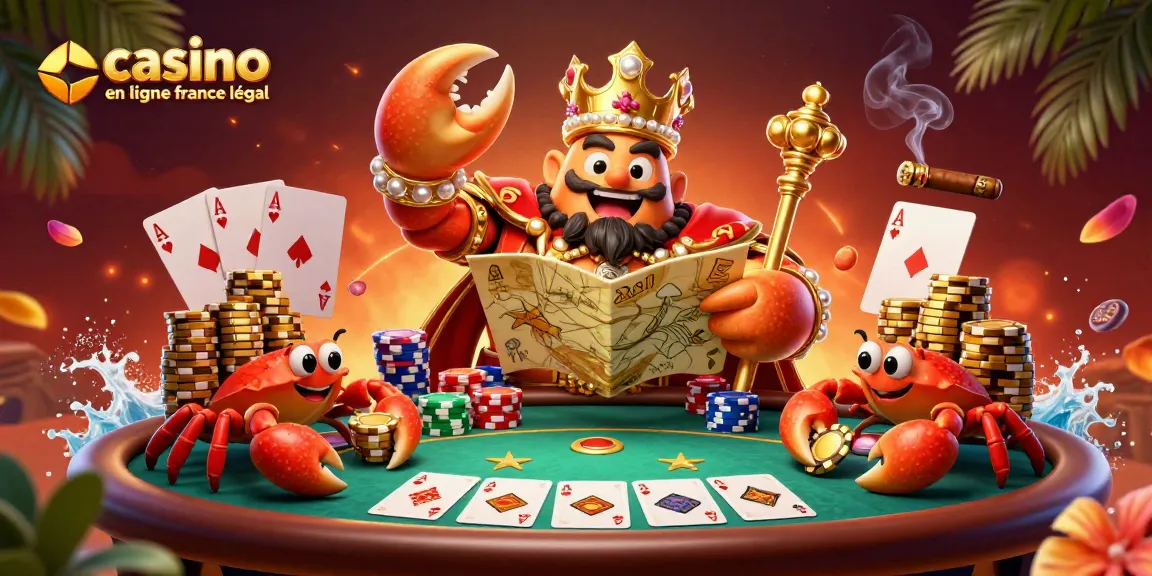 Jouer dans un casino en ligne légal en France avec un crabe doré et des jetons d'or.