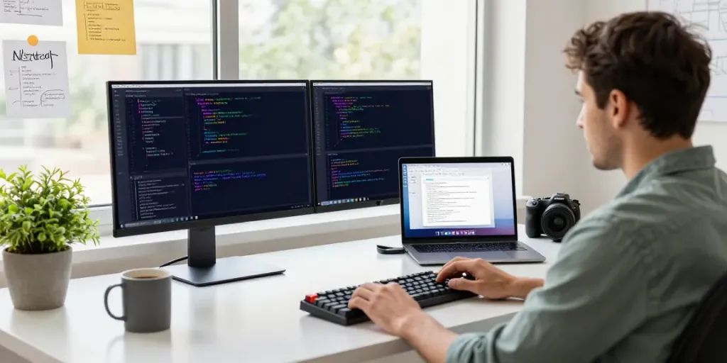 Modern programming workspace showcasing Notepad++ features and productivity tools at https://notepad-app.co/.