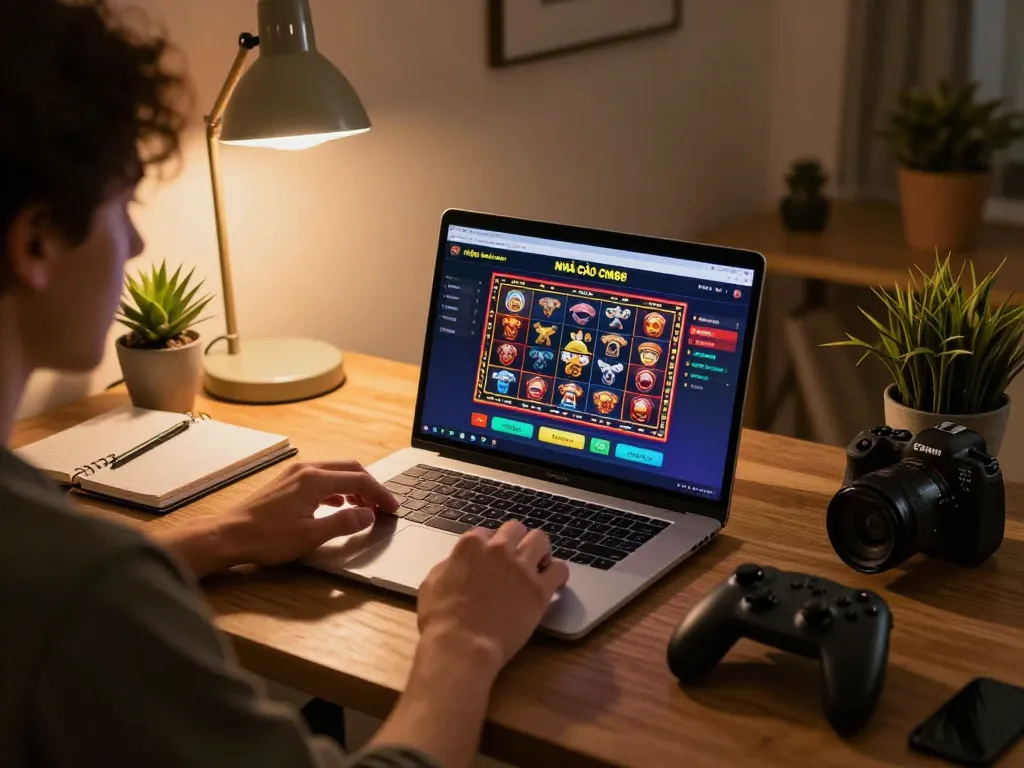 Engaging player enjoying NHÀ CÁI CM88's online games with a laptop in a cozy setup.