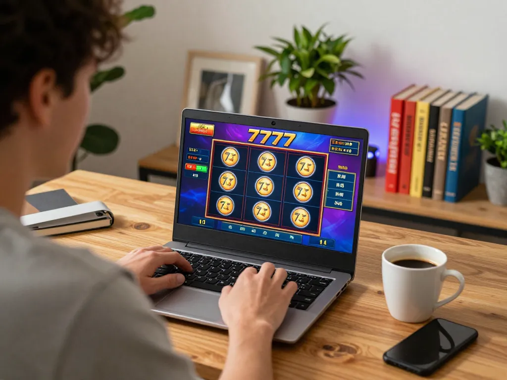 Engaged player enjoying a thrilling slot777 game on laptop, with warm lighting in a cozy workspace.