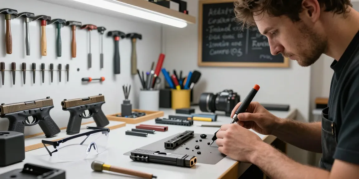 Expertly crafted Glock slides at https://precisionglockslides.com in a modern gunsmith workshop, showcasing precision tools and craftsmanship.