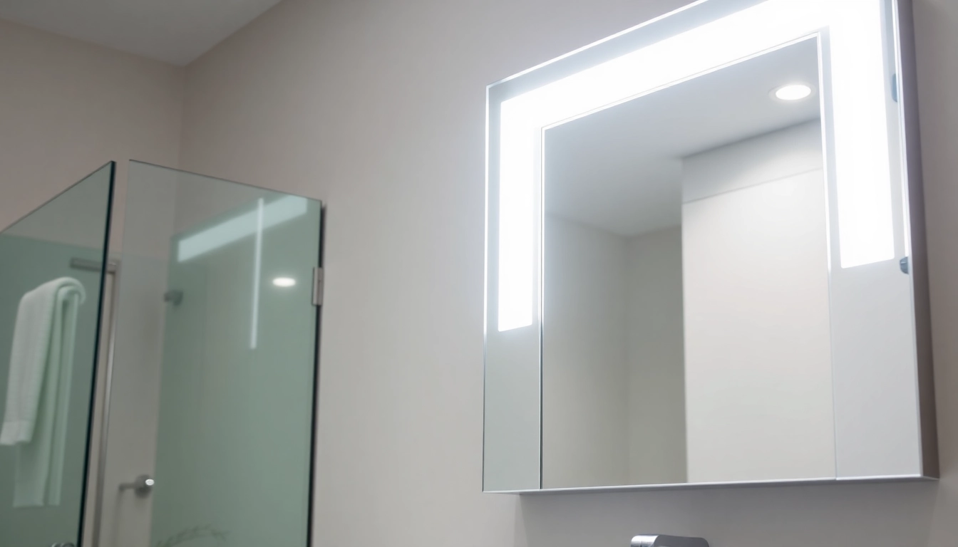 Strahlender spiegelschrank mit led Beleuchtung im modernen Badezimmer.
