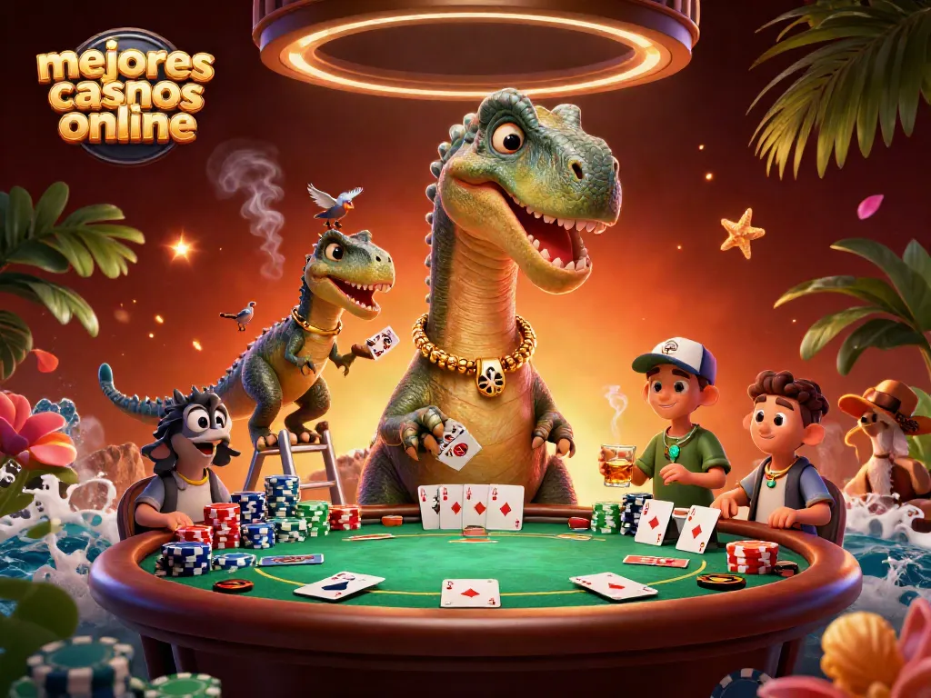 Descubre los mejores casinos online a través de una divertida ilustración con un brontosaurio y un velociraptor.