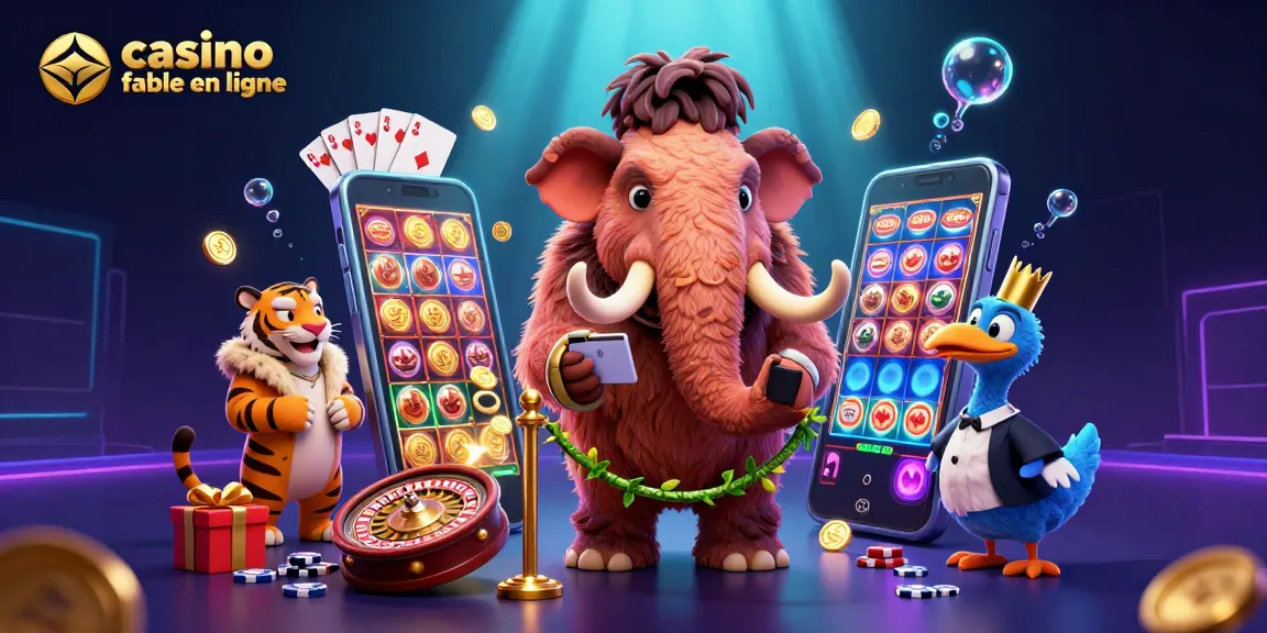 Visitez un casino fiable en ligne avec une scène grouillante de jeu incluant un mammouth, un tigre et un dodo à l'entrée.