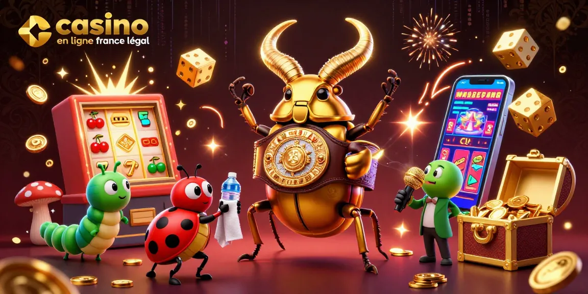 Visuel dynamique illustrant le casino en ligne France légal avec un scarabée géant et des éléments de jeu.