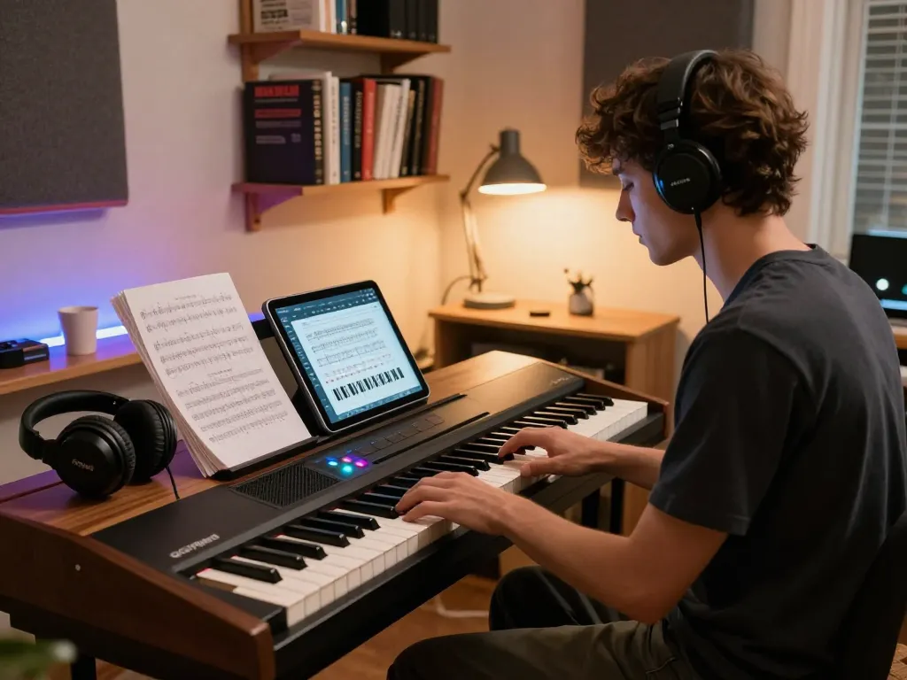 Engaging scene of a young musician practicing on the GO 88 digital piano in a cozy home studio.