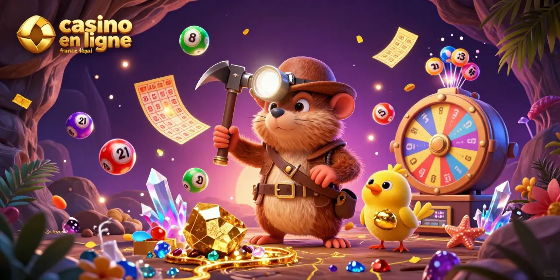 Illustration captivante d'un mole mineur et son compagnon canari, "casino en ligne france légal" en action avec des éléments de loterie.