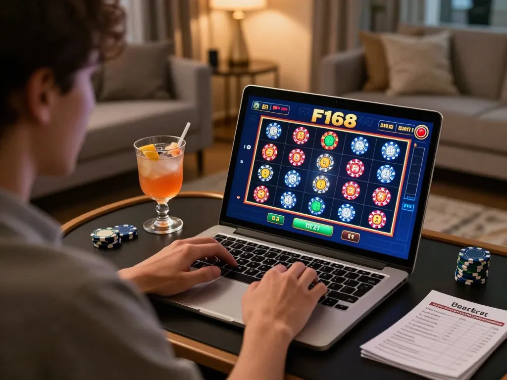 Player engaging with the F168 slot game on a laptop in a cozy home while managing bankroll