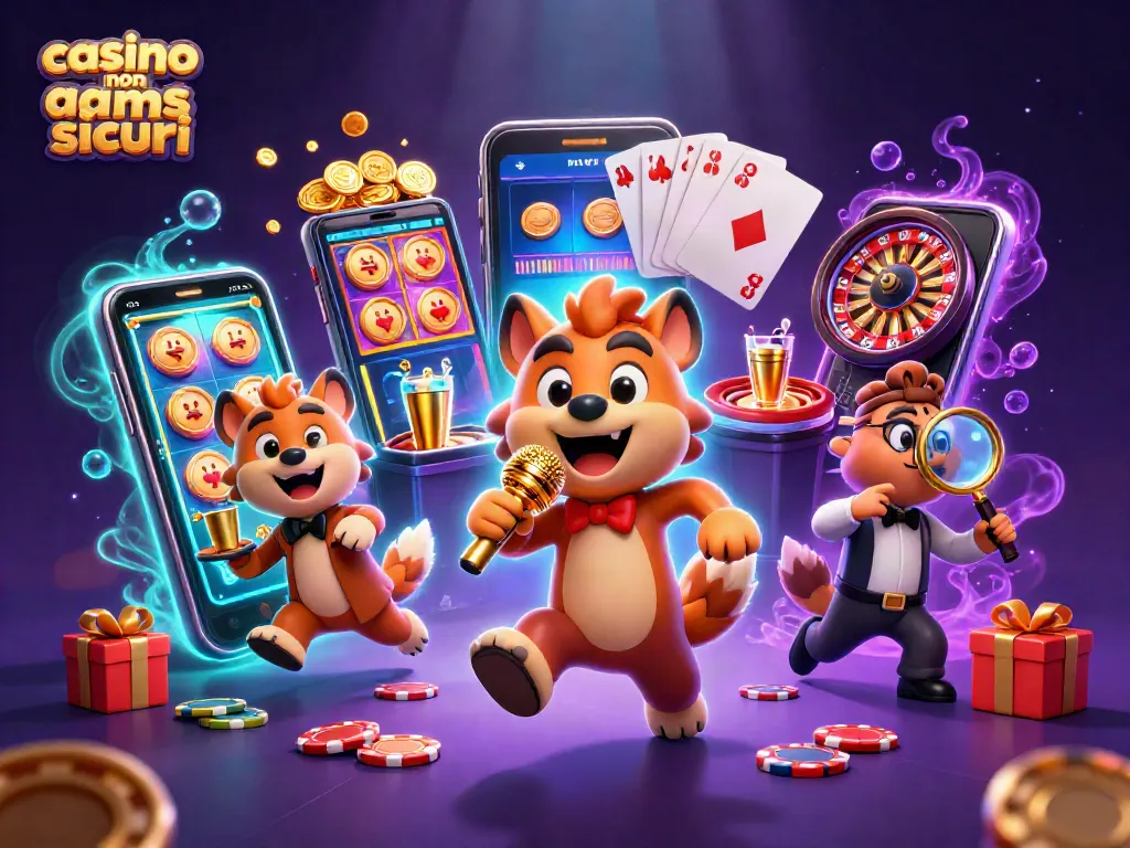 Scopri i casino non AAMS sicuri con un'illustrazione vibrante di un club di commedia con personaggi divertenti e elementi di gioco intorno.