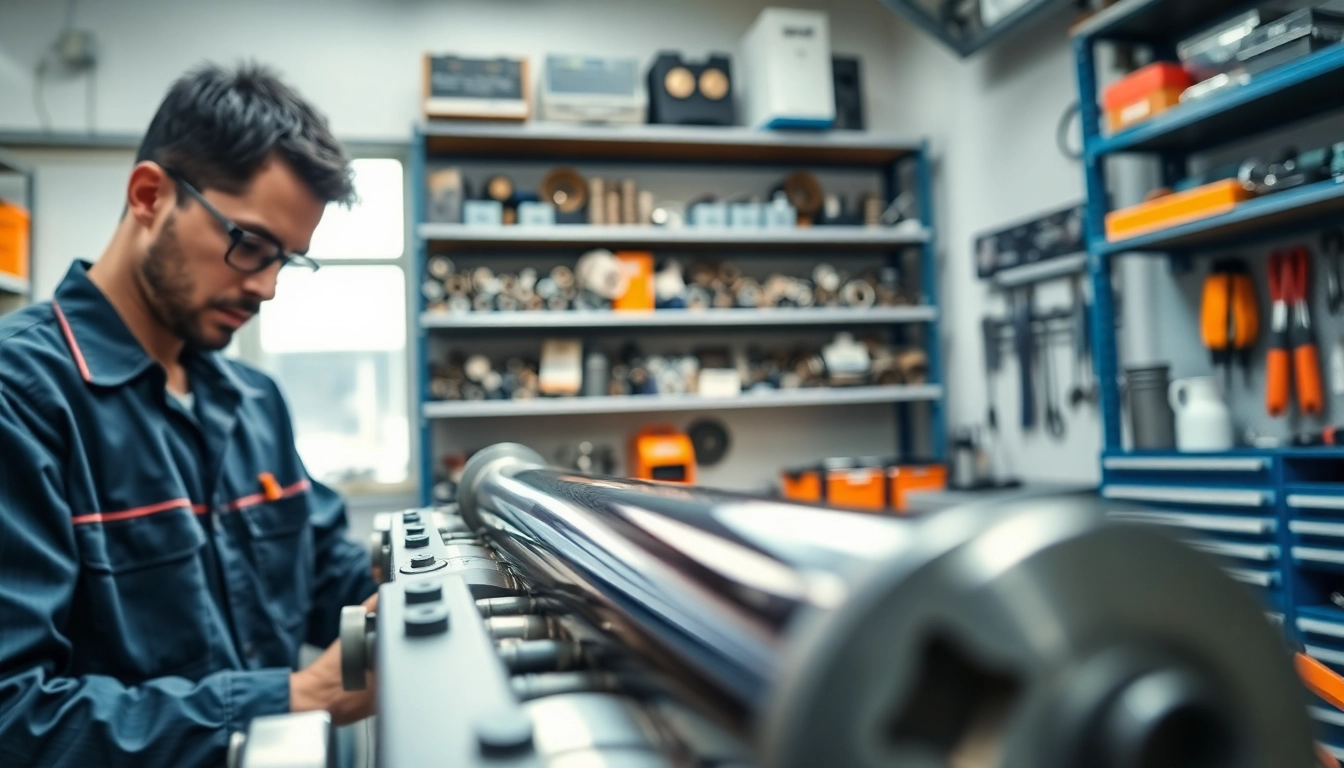 Technician performing hydraulic cylinder repair with tools in a professional workshop.