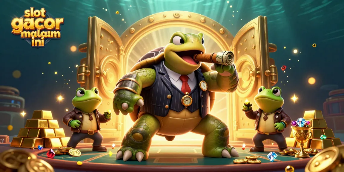Experience excitement with slot gacor malam ini in a packed casino scene featuring a turtle in a mobster suit.