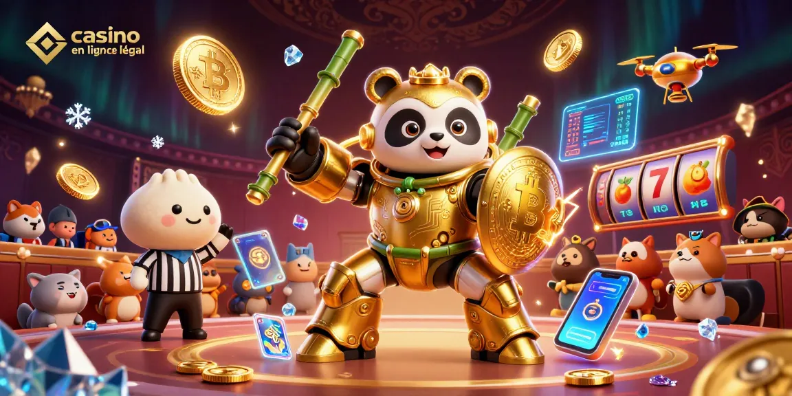 Illustration dynamique de casino en ligne légal en France avec panda en armure et pièces de crypto-monnaie.