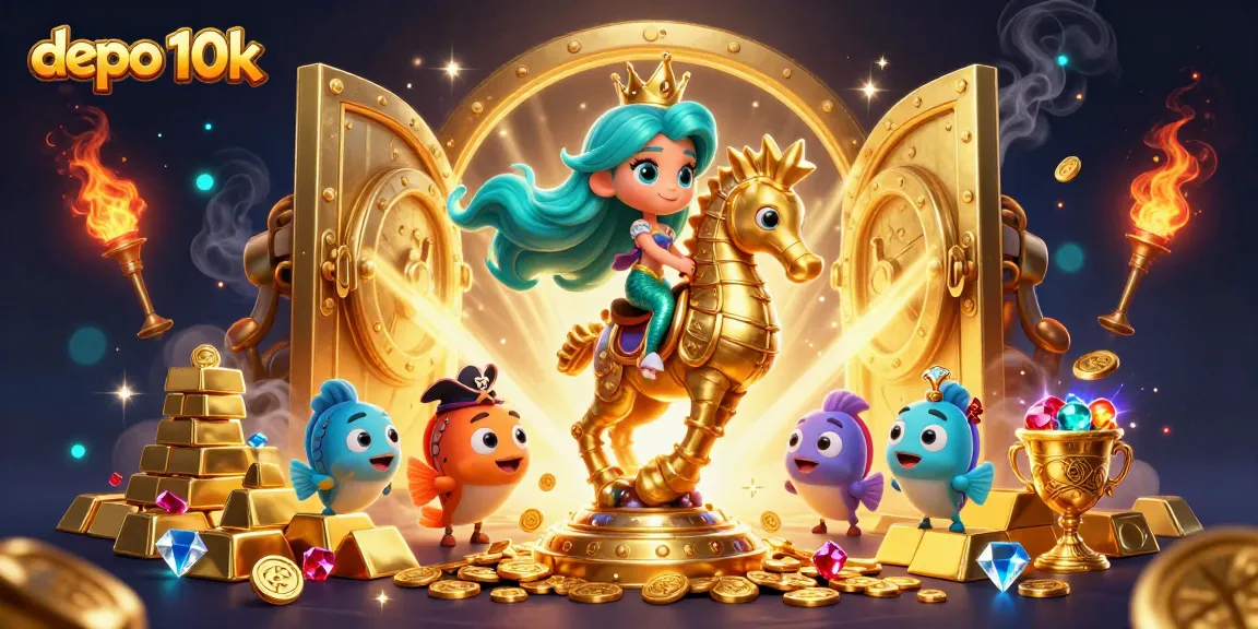 Experience exhilarating wins with depo 10k in this vibrant 3D casino illustration featuring slots and treasures.