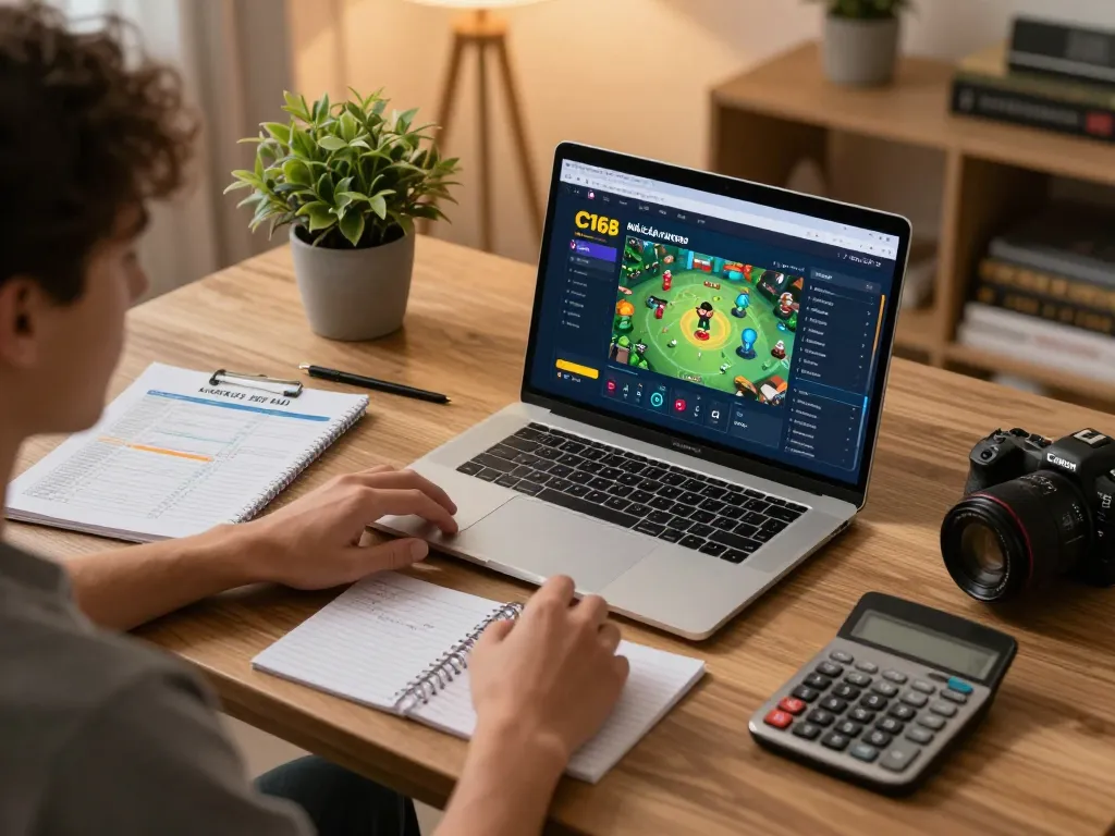 Engaged player strategizing with NHÀ CÁI C168 online casino interface on laptop in cozy gaming setup.