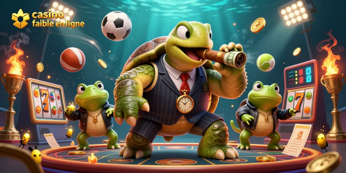 Illustration dynamique de casino fiable en ligne avec une tortue géante cartoon en costume et des grenouilles en arrière-plan.