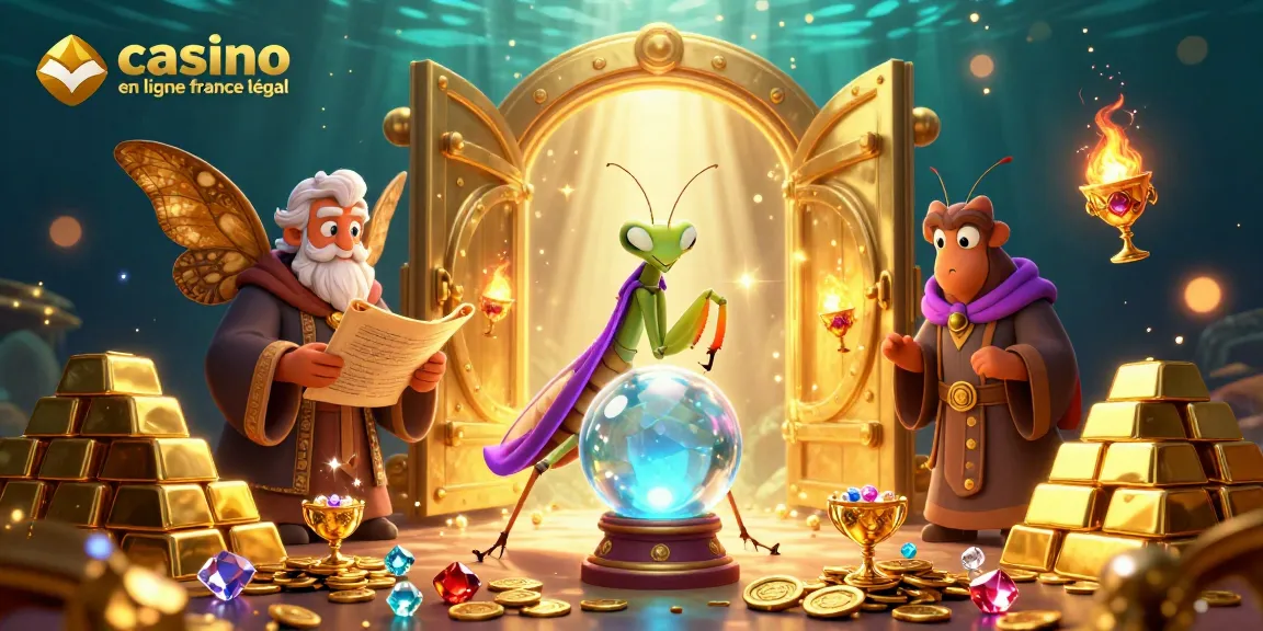 Plongez dans l'univers du casino en ligne France légal avec une scène magique de personnages captivants et des éléments de jeu scintillants.