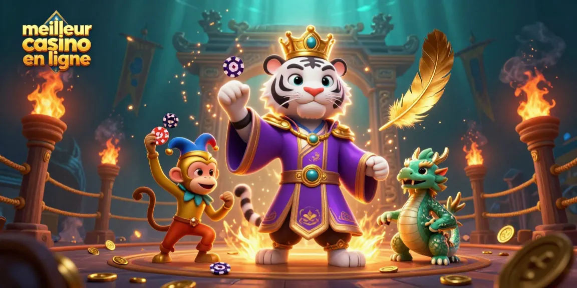 Illustration dynamique de meilleur casino en ligne avec tigre, singe, et dragon jouant aux jeux.
