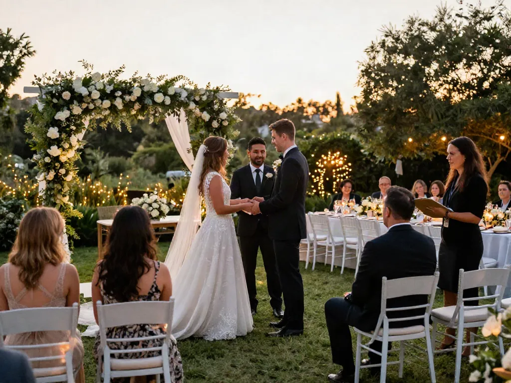 Stunning wedding setup showcasing event rentals with decorations and guests.