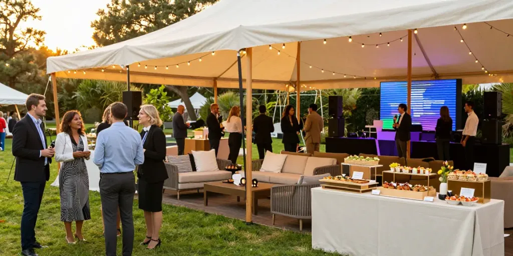 Event rentals showcasing a luxurious corporate gathering with premium furniture and elegant tents.