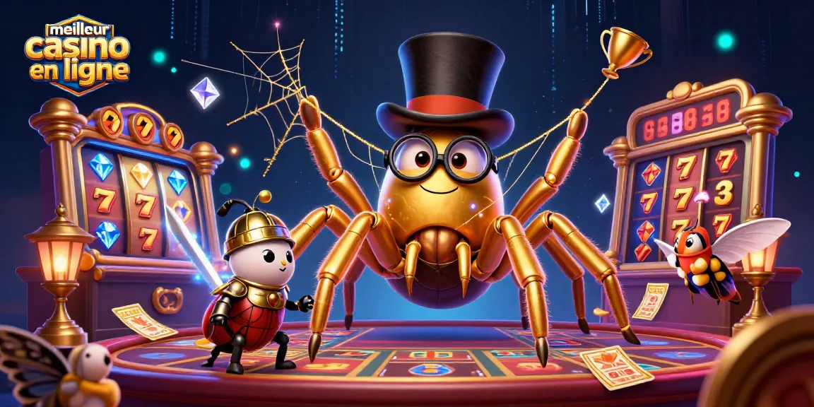 Découvrez le meilleur casino en ligne à travers une scène colorée avec une toile d'araignée dorée.