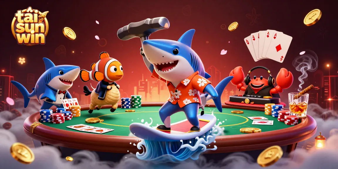 Engage and tải sun win with this vibrant 3D illustration of a shark surfing gold coins at a lively casino scene.