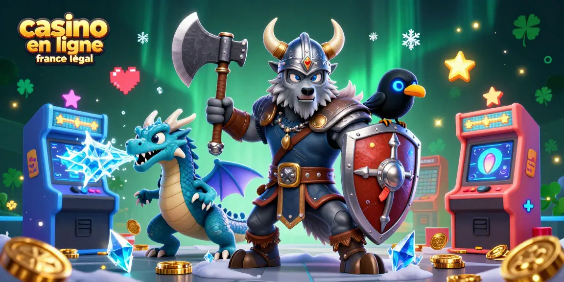 Lancez-vous dans l'univers du casino en ligne France légal, avec un guerrier viking et un dragon dans une scène animée.