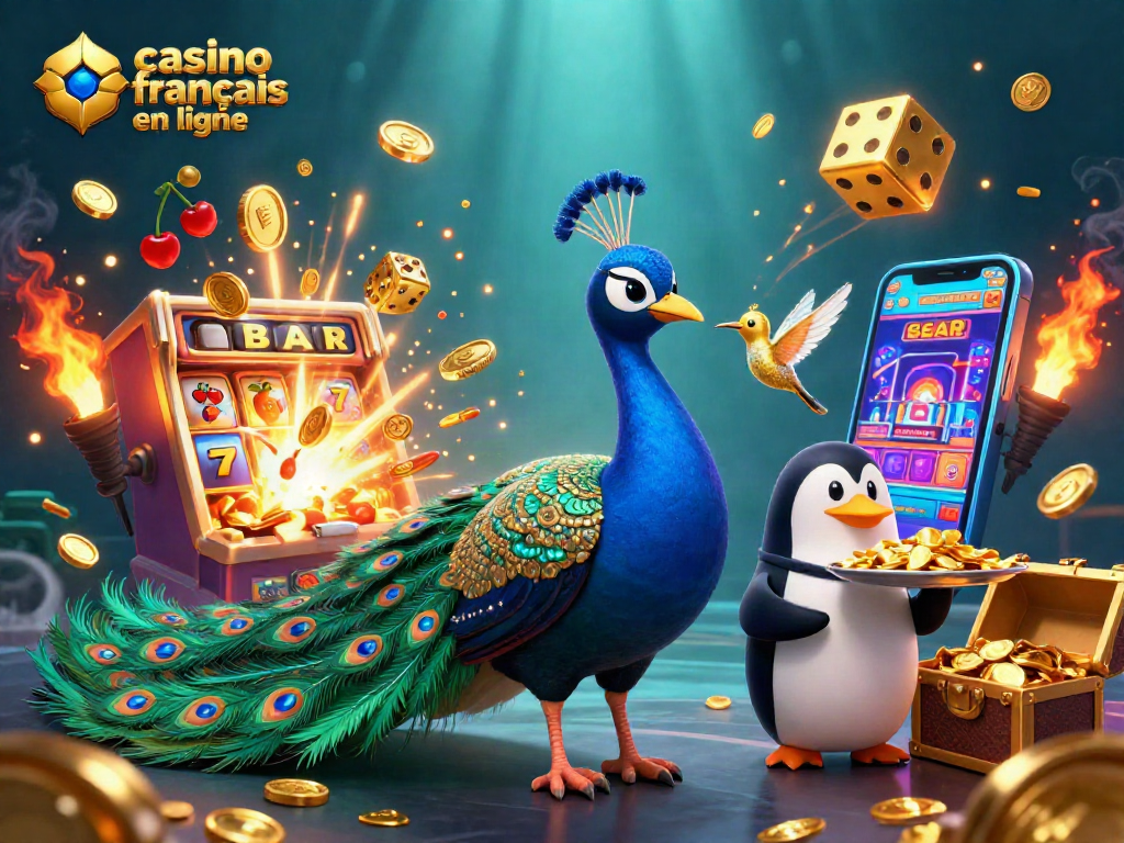 Jouez au casino français en ligne avec ce magnifique paon aristocratique et un majordome maniant des jetons d'or.