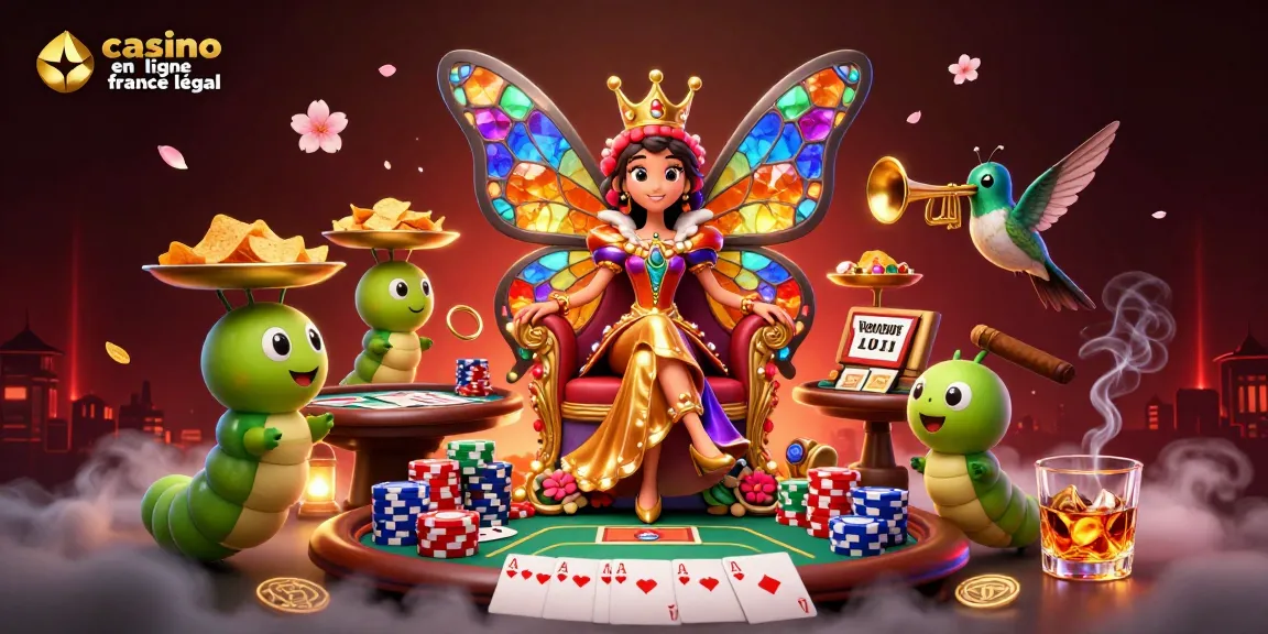 Plongée dans le monde du casino en ligne France légal avec une reine papillon colorée entourée de jeux de poker et d'éléments luxuriants.