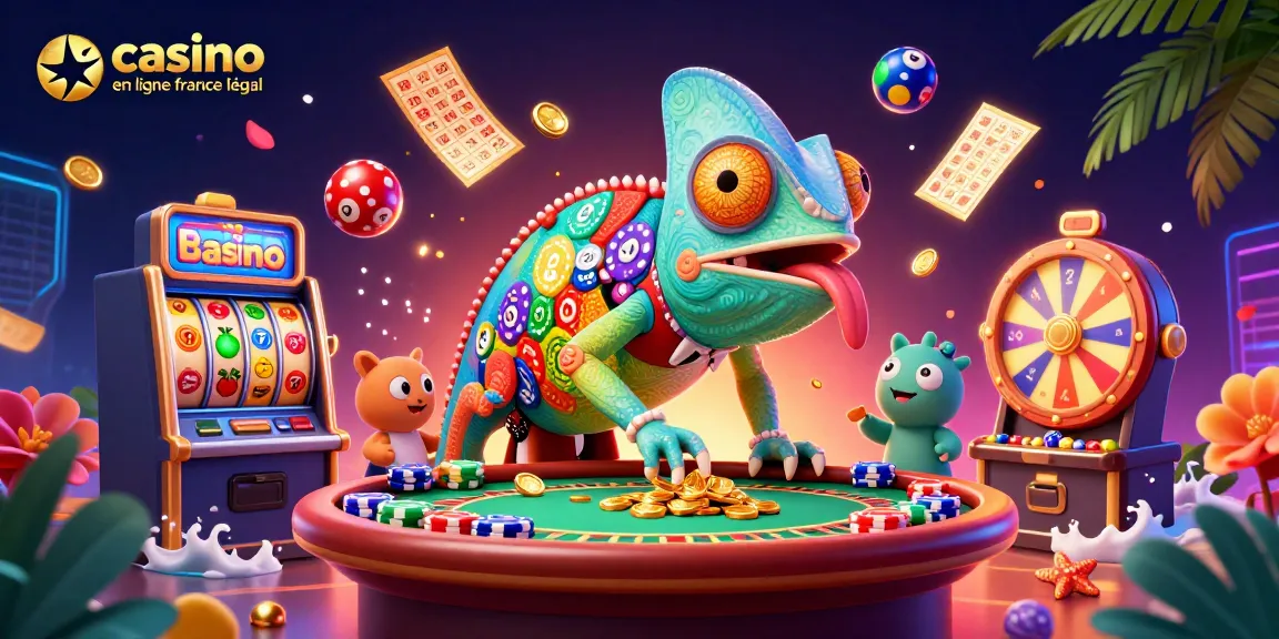 Visuel dynamique de casino en ligne légal en France avec un caméléon et des jeux vibrants.