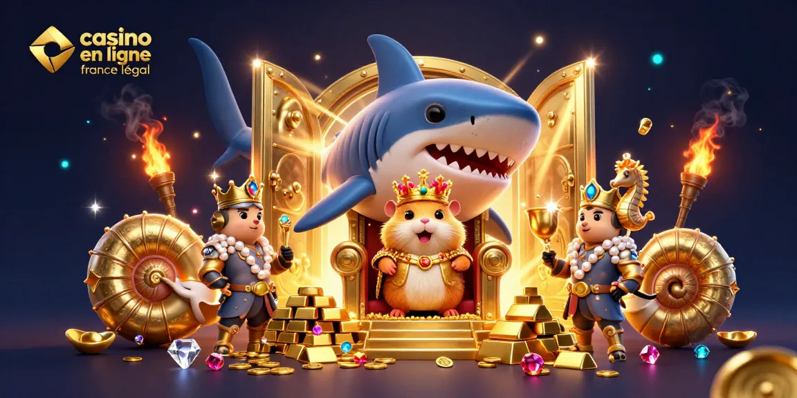 Illustration dynamique de casino en ligne légal en France avec un roi hamster, des gardes hippocampes et un trésor brillant.