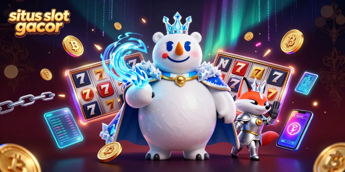 Spin winning reels on situs slot gacor with polar bear king and snow fox amidst crypto elements.
