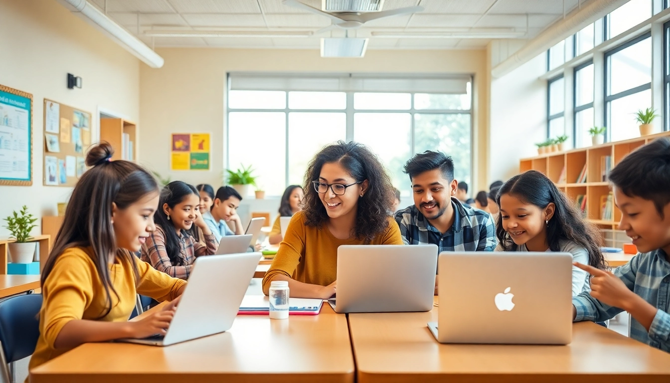 Education-focused classroom scene showcasing collaborative learning and modern technology.