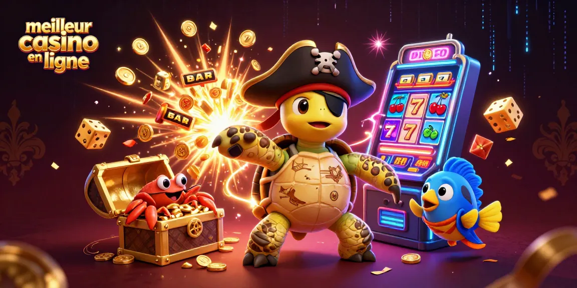 Illustration 3D représentant un personnage de tortue pirate avec un trésor, symbolisant le meilleur casino en ligne.