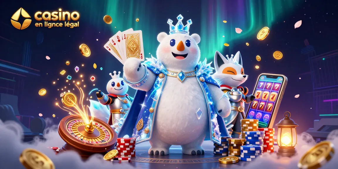 Visualiser le casino en ligne France légal avec le roi des glaces et un renard, pièces et roulettes en action.