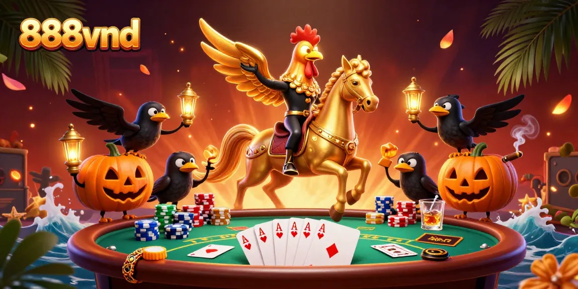 Win big at 888vnd with this vibrant 3D casino scene featuring a golden rooster and poker elements.