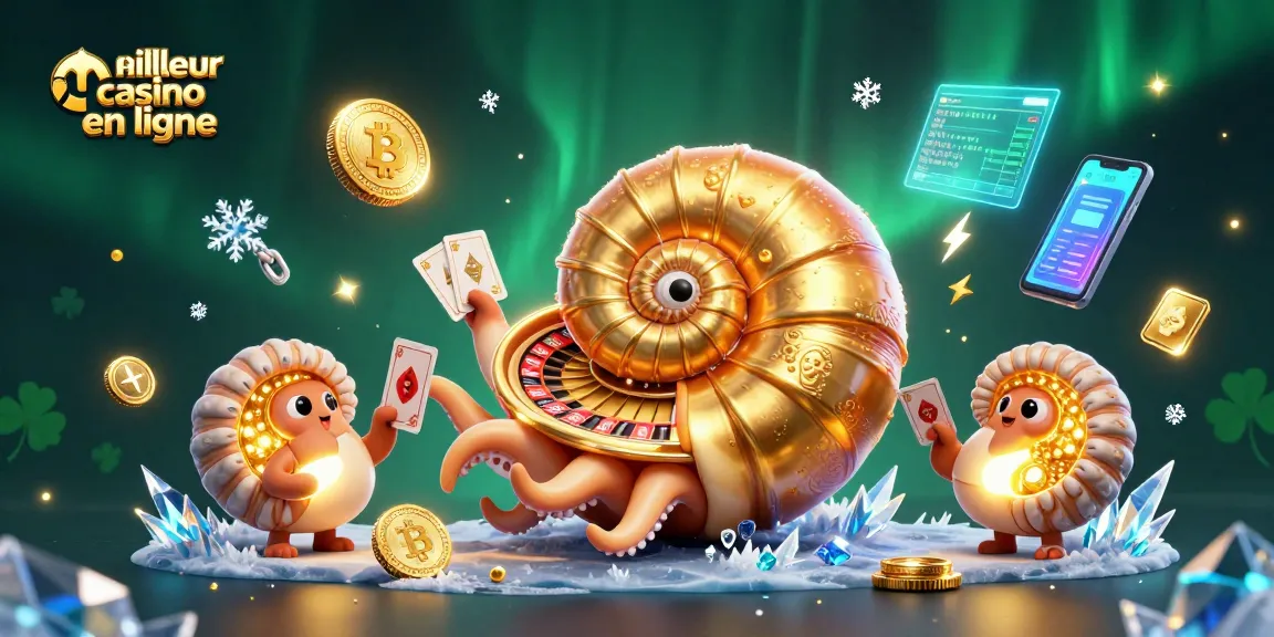 Illustration dynamique représentant le meilleur casino en ligne avec un nautile géant et des mystérieux éléments de jeu.