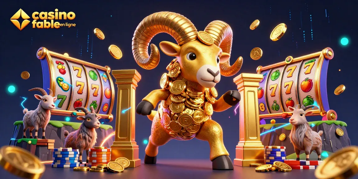 Illustration d'une scène de casino fiable en ligne avec un bélier doré et des rouleaux de machines à sous.