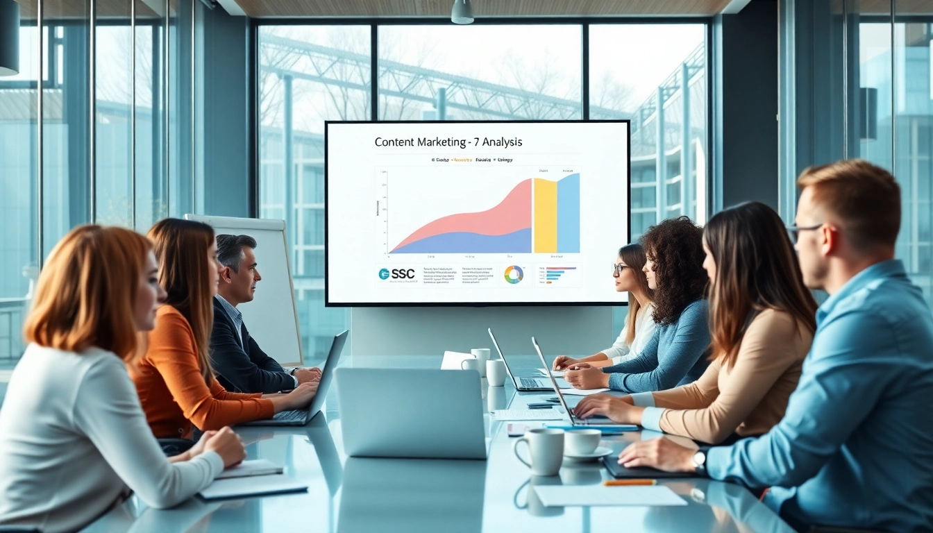 Team reviewing a Content Gap Analysis report in a modern conference room.