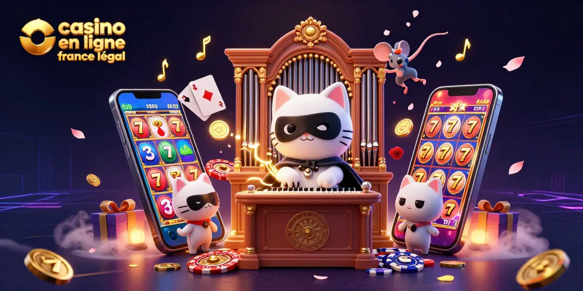 Une scène captivante avec un casino en ligne France légal, où un chat fantôme joue à un orgue avec des éléments de jeu éclatants autour.