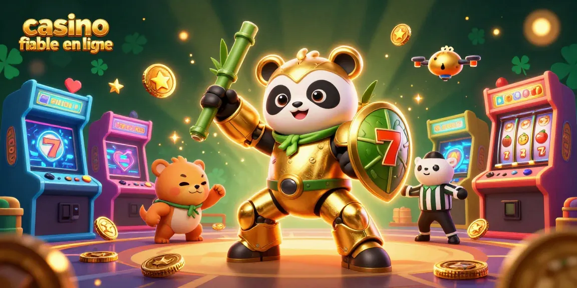 Illustration animée d'un casino fiable en ligne avec un panda en robot de combat et des éléments de jeu captivants.