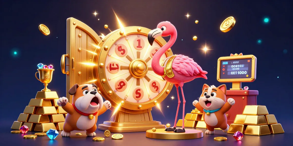 Illustration dynamique d'un jeu avec le casino en ligne France légal illustré par un hôte flamant et des éléments de richesse.