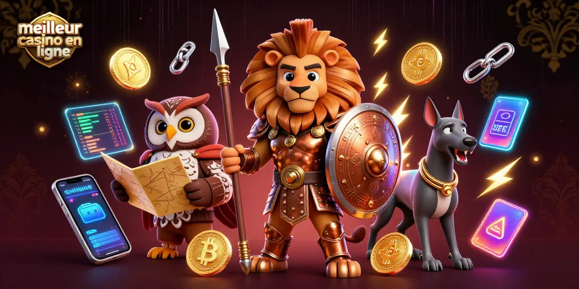 Illustration dynamique du meilleur casino en ligne avec un lion, une chouette et un lévrier entourés de pièces de crypto-monnaies.